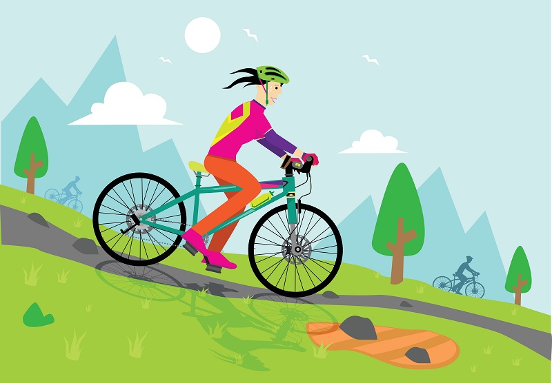 A,Female,Biker,Going,Down,Hill.,Editable,Clip,Art.