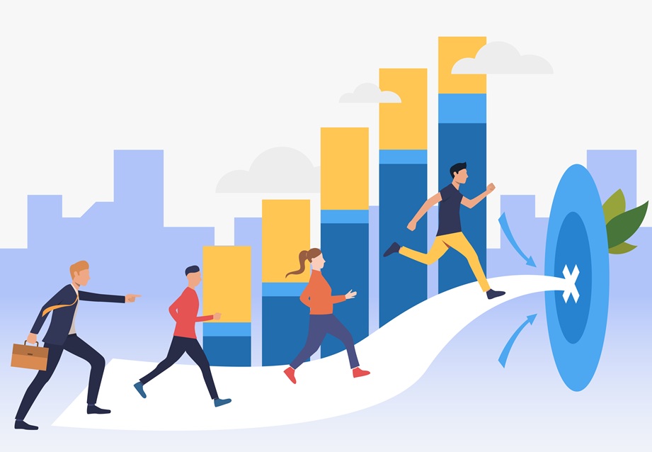 Workers running to target with bar chart in background